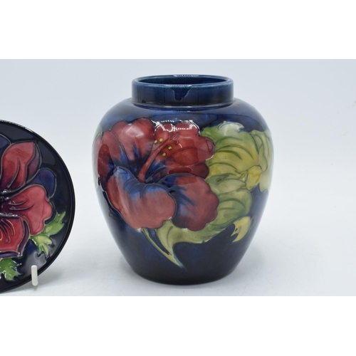 94 - Moorcroft Anemone pin dish on blue background together with Hibiscus on blue ginger jar (missing lid... 