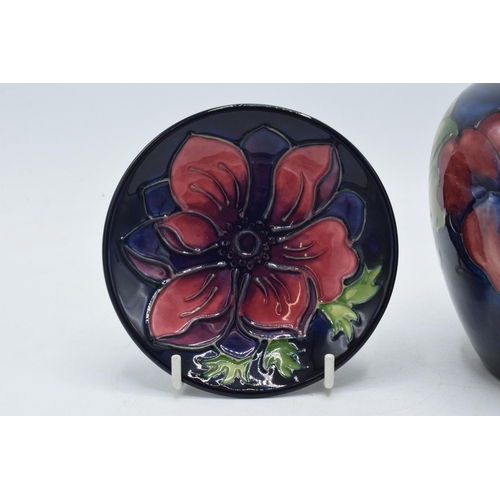 94 - Moorcroft Anemone pin dish on blue background together with Hibiscus on blue ginger jar (missing lid... 