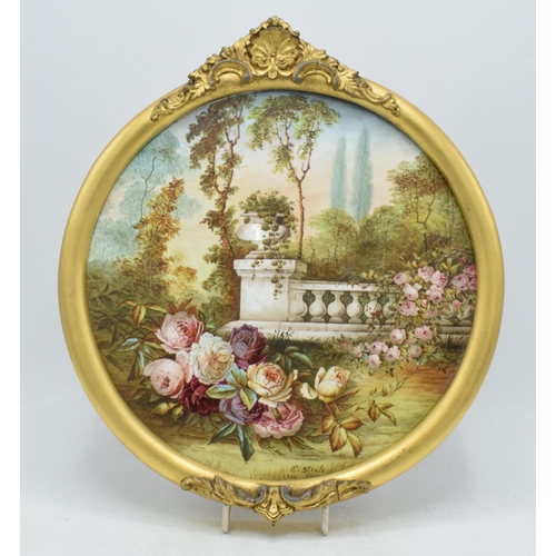 95A - Edwin Steele painted porcelain plaque in gilt-style frame of a garden wall and foliage design, 33cm ... 