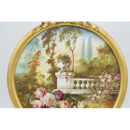 95A - Edwin Steele painted porcelain plaque in gilt-style frame of a garden wall and foliage design, 33cm ... 