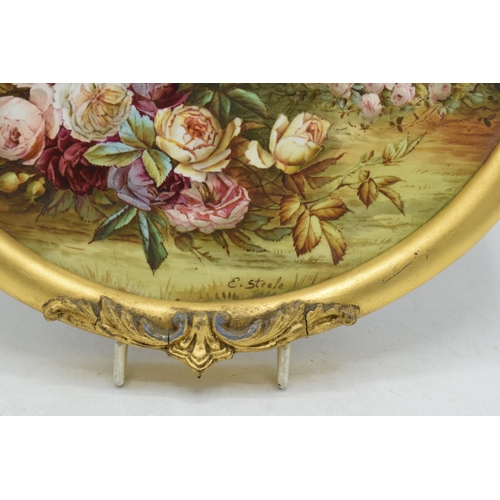 95A - Edwin Steele painted porcelain plaque in gilt-style frame of a garden wall and foliage design, 33cm ... 