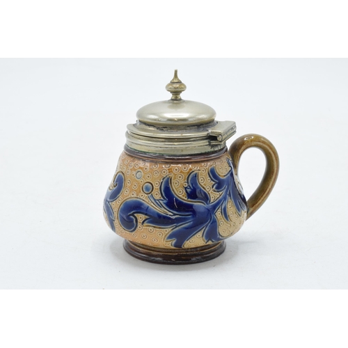 98A - Doulton Lambeth stoneware condiment / mustard pot with plated rim, 7cm tall.