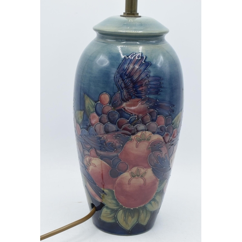 101 - Large Moorcroft lamp base in Finch and Berry pattern, 26.5cm tall exc. brass fittings.