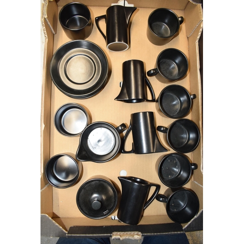 140F - Wedgwood tea ware in a matte black pattern to include coffee pots, cups, acuers and others, retro de... 