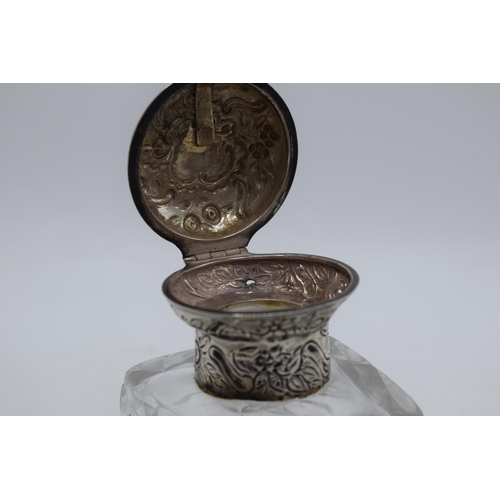 173 - Hallmarked silver topped inkwell, William Comyns & Sons, hallmarks rubbed, 14cm tall.