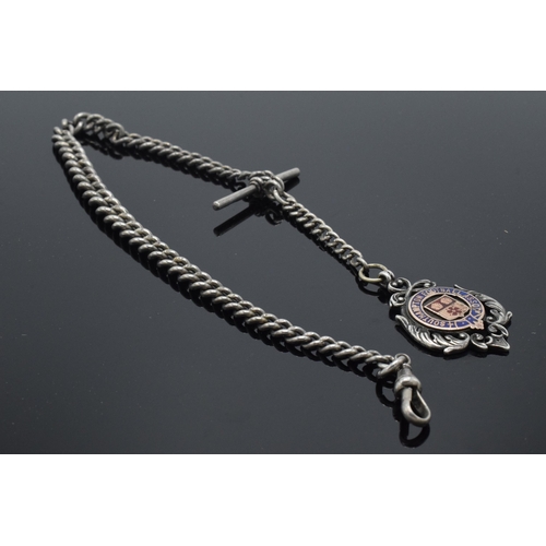 175 - Hallmarked silver Albert watch chain with T-bar and fob, 49.0 grams, 39cm long.