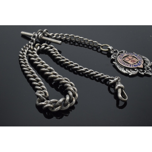 175 - Hallmarked silver Albert watch chain with T-bar and fob, 49.0 grams, 39cm long.