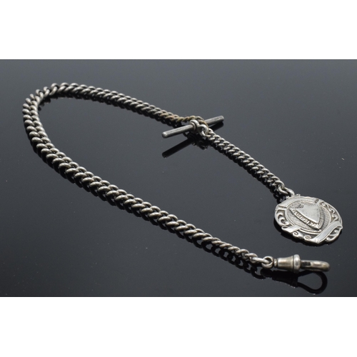 176 - Hallmarked silver Albert watch chain with T-bar and fob, 36.8 grams, 39cm long.