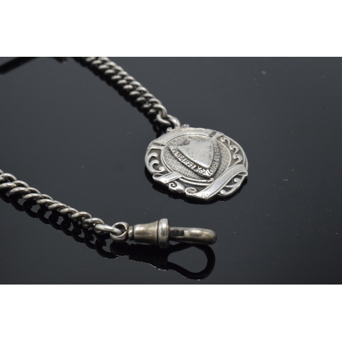 176 - Hallmarked silver Albert watch chain with T-bar and fob, 36.8 grams, 39cm long.