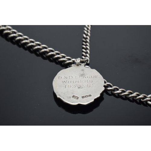 176 - Hallmarked silver Albert watch chain with T-bar and fob, 36.8 grams, 39cm long.