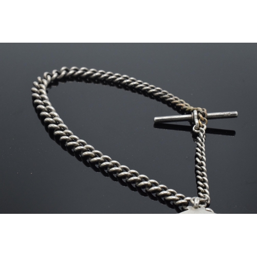 176 - Hallmarked silver Albert watch chain with T-bar and fob, 36.8 grams, 39cm long.