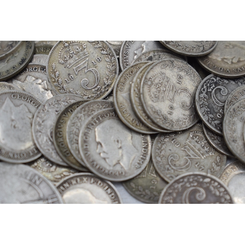 185 - A collection of pre-1920 silver coins, approx 125 grams, to mainly include 3-pence pieces.