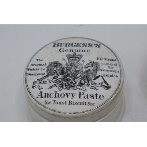 31 - Burgess's Genuine Anchovy Paste pot lid with associated base together with an Improved Earthenware I... 