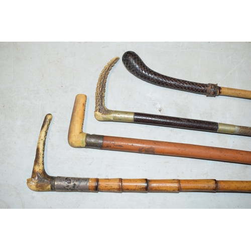 323 - Country interest: a collection of sticks and riding crops to include leather topped cane, horn handl... 