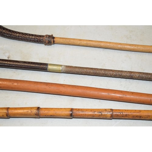 323 - Country interest: a collection of sticks and riding crops to include leather topped cane, horn handl... 