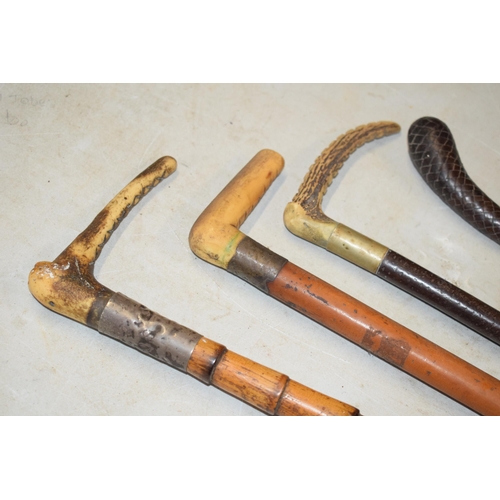 323 - Country interest: a collection of sticks and riding crops to include leather topped cane, horn handl... 