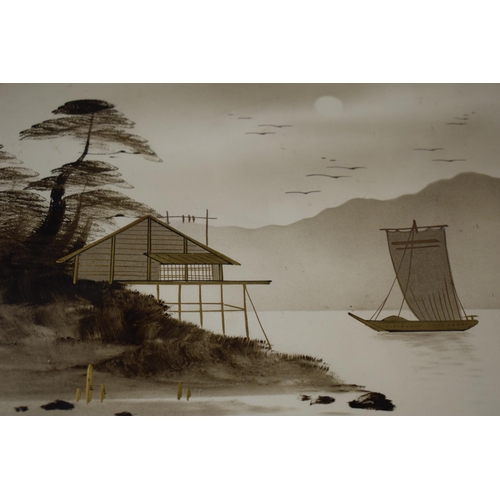 325 - A pair of 20th century mahogany framed oriental pictures of ships sailing on water amongst mountains... 