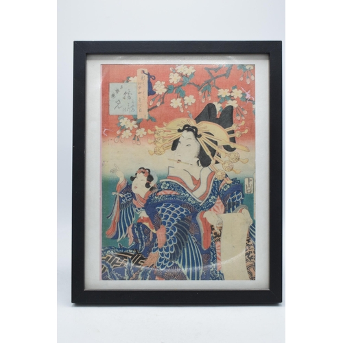 329 - Japanese woodblock and hand tinted print of a Geisha girl, with marks to top left, 31x22cm exc frame... 