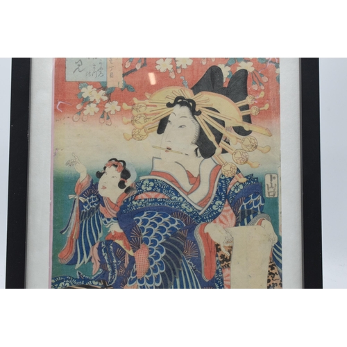 329 - Japanese woodblock and hand tinted print of a Geisha girl, with marks to top left, 31x22cm exc frame... 