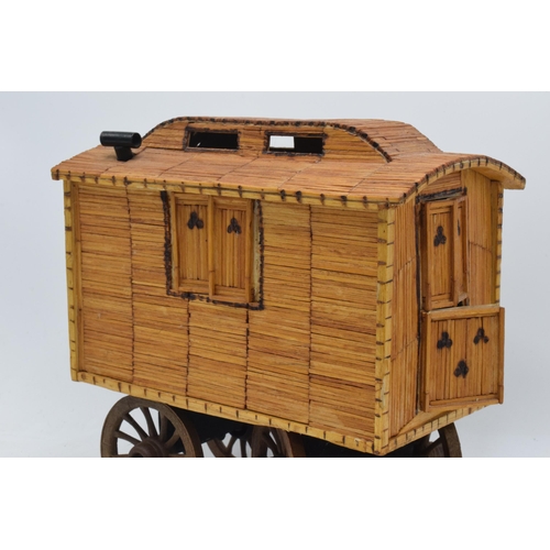 330 - Vintage matchstick model of a gypsy caravan, 26cm long exc stretchers.