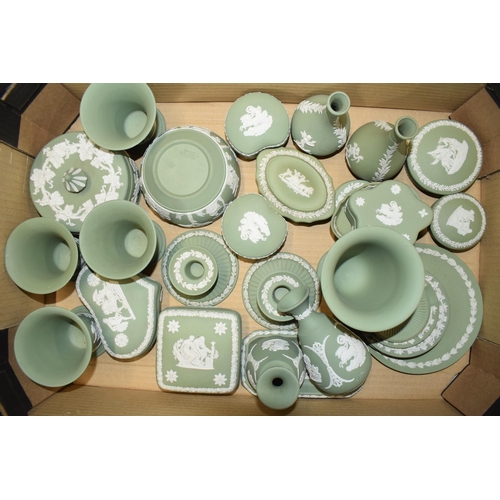 88E - Wedgwood Jasperware in Sage Green: to include small bowl, vases, trinkets, candlesticks and others (... 