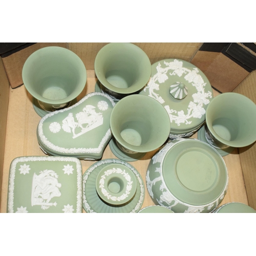 88E - Wedgwood Jasperware in Sage Green: to include small bowl, vases, trinkets, candlesticks and others (... 