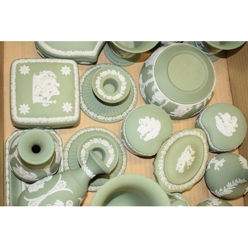 88E - Wedgwood Jasperware in Sage Green: to include small bowl, vases, trinkets, candlesticks and others (... 