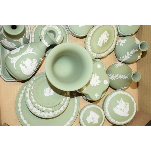 88E - Wedgwood Jasperware in Sage Green: to include small bowl, vases, trinkets, candlesticks and others (... 