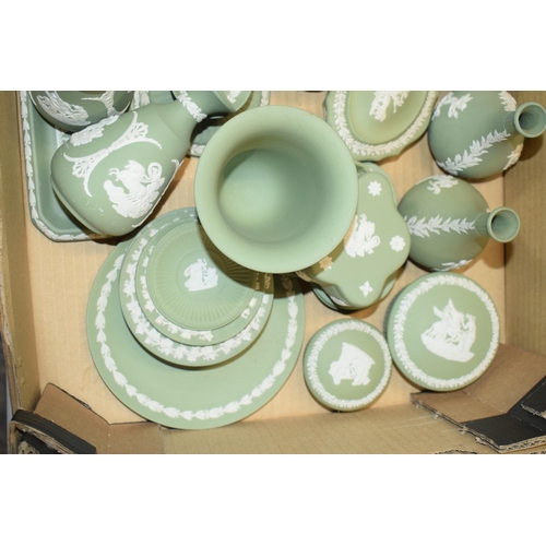 88E - Wedgwood Jasperware in Sage Green: to include small bowl, vases, trinkets, candlesticks and others (... 