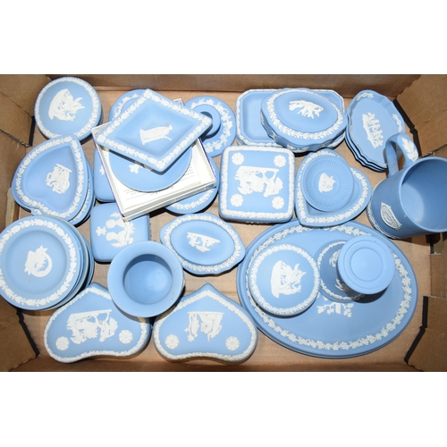 88F - Wedgwood Jasperware in Blue: to include oval plaque, pin dishes, vases and others (approx 40).