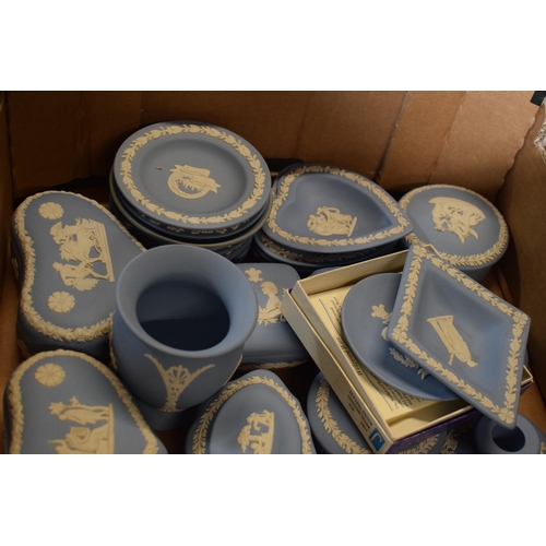 88F - Wedgwood Jasperware in Blue: to include oval plaque, pin dishes, vases and others (approx 40).