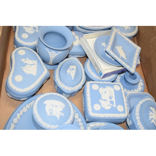 88F - Wedgwood Jasperware in Blue: to include oval plaque, pin dishes, vases and others (approx 40).