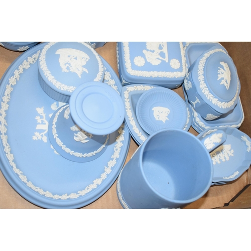 88F - Wedgwood Jasperware in Blue: to include oval plaque, pin dishes, vases and others (approx 40).