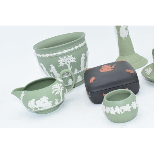 88N - Wedgwood Jasperware in Sage Green & Egyptian trinket: to include a candlestick, pretty jardiniere an... 