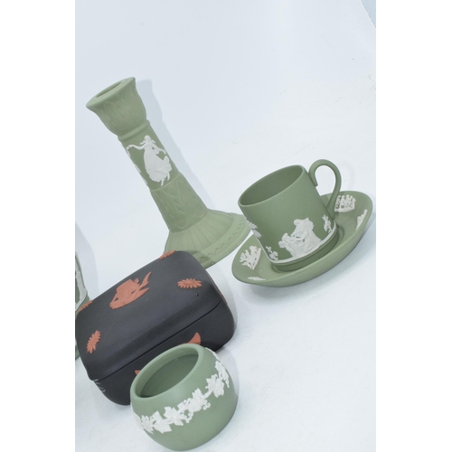 88N - Wedgwood Jasperware in Sage Green & Egyptian trinket: to include a candlestick, pretty jardiniere an... 