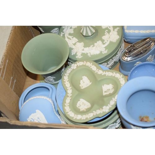 88O - Wedgwood Jasperware in green and blue: to include  a lighter, a trinket, pin dishes and others (all ... 