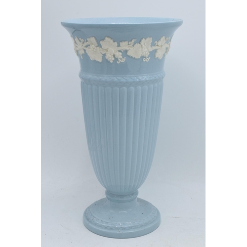 155 - Wedgwood Queensware to include white on blue trumpet vase, 29cm tall, blue on white trumpet vase (af... 