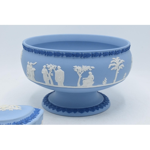 87B - Wedgwood Tri-Colour Jasperware to include pedestal bowl, a vase and a trinket (3).