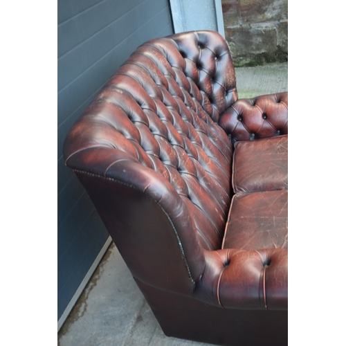 402 - Brown leather Chesterfield-style high-backed 2 seater club sofa with button-back design, 143x90x95cm... 