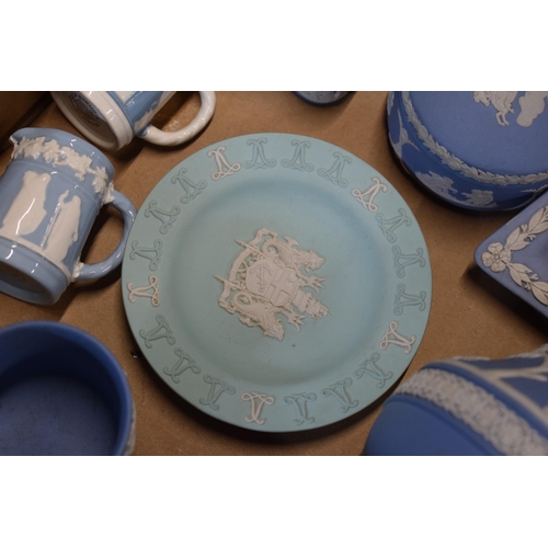 89B - Wedgwood Jasperware to include unusual turquoise Lloyds of London Tercentary pin tray, jug and other... 