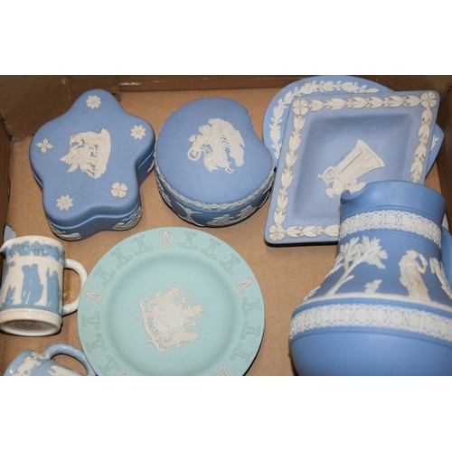 89B - Wedgwood Jasperware to include unusual turquoise Lloyds of London Tercentary pin tray, jug and other... 