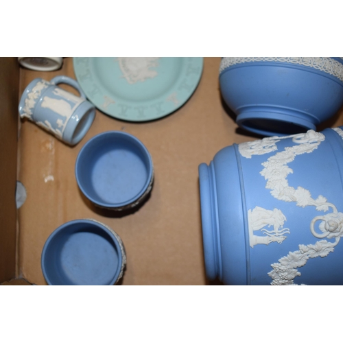 89B - Wedgwood Jasperware to include unusual turquoise Lloyds of London Tercentary pin tray, jug and other... 