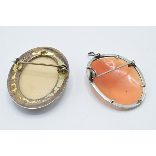 180L - A pair of silver framed cameo brooches, one with marcasites (2).