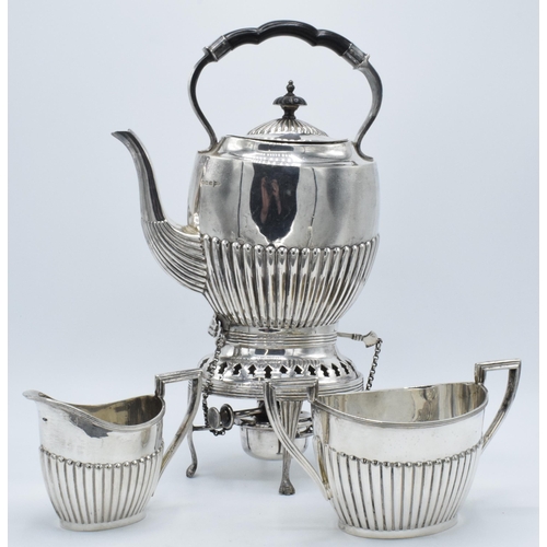 180V - Silver plated Walker and Hall spirit kettle with burner, milk and sugar (3).