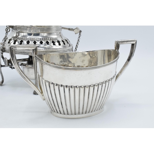 180V - Silver plated Walker and Hall spirit kettle with burner, milk and sugar (3).