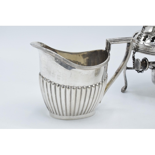 180V - Silver plated Walker and Hall spirit kettle with burner, milk and sugar (3).