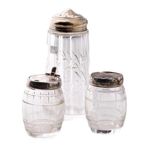 102 - Silver topped sugar sifter, London 1914, together with a pair of barrel-shaped cruets, Birmingham 18... 