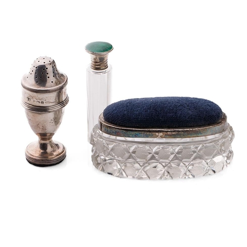 104 - A trio of silver items to include a pin cushion trinket box, Birmingham 1927, a Guilloche enamel sce... 