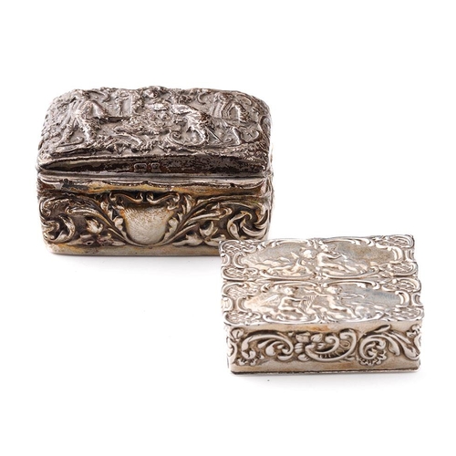 108 - A pair of silver trinket boxes, both with embossed decoration, the larger being Birmingham 1900, the... 