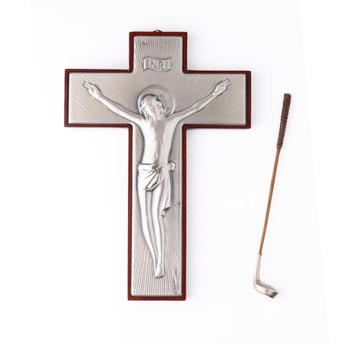 130 - A silver fronted INRI crucifix scene of Jesus on his cross together a novelty golf club with silver ... 